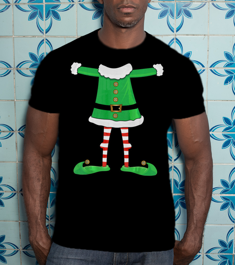 Santa Elf Suit Green Costume With Red Striped Tights And Green Shoes T-Shirt