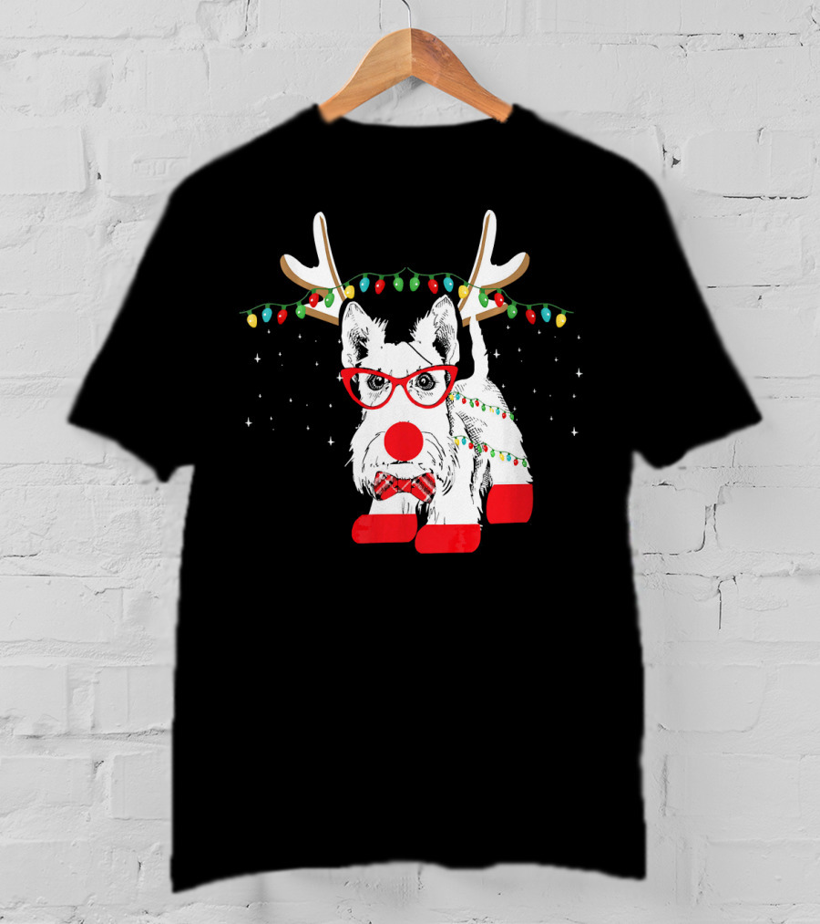 Scottie Dog Christmas Reindeer Lights And Bow Tie T-Shirt