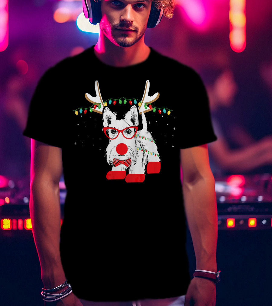 Scottie Dog Christmas Reindeer Lights And Bow Tie T-Shirt