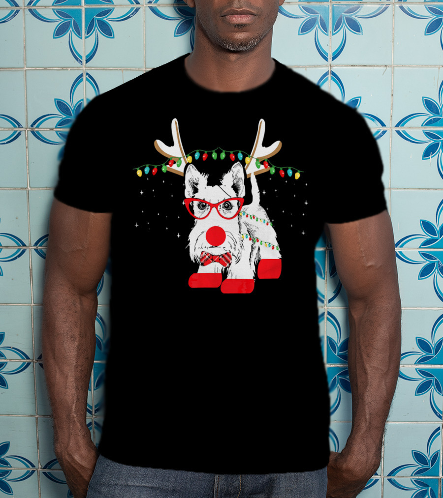 Scottie Dog Christmas Reindeer Lights And Bow Tie T-Shirt