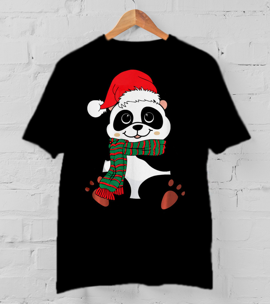 Christmas Panda In Santa Hat And Scarf Winter Vacation T-Shirt
