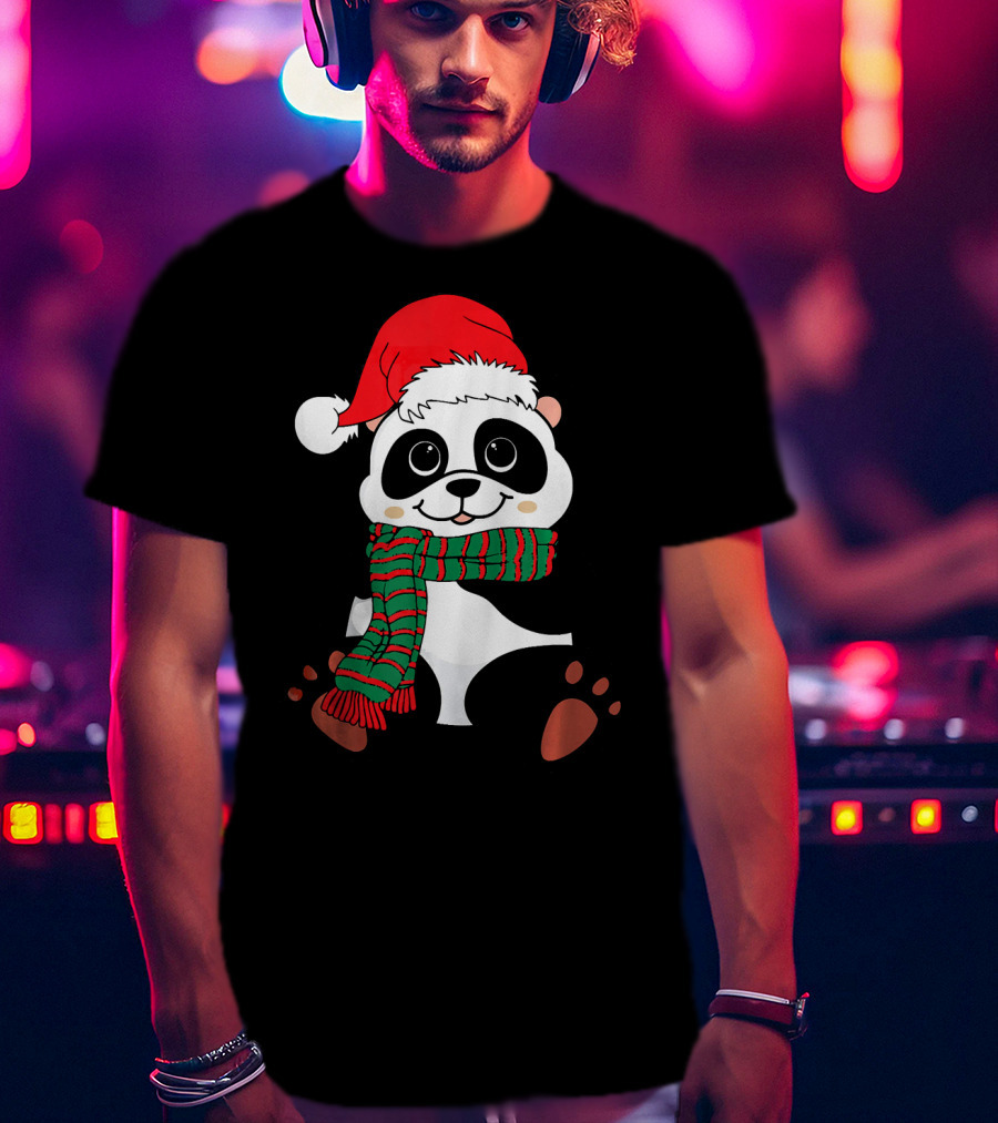 Christmas Panda In Santa Hat And Scarf Winter Vacation T-Shirt