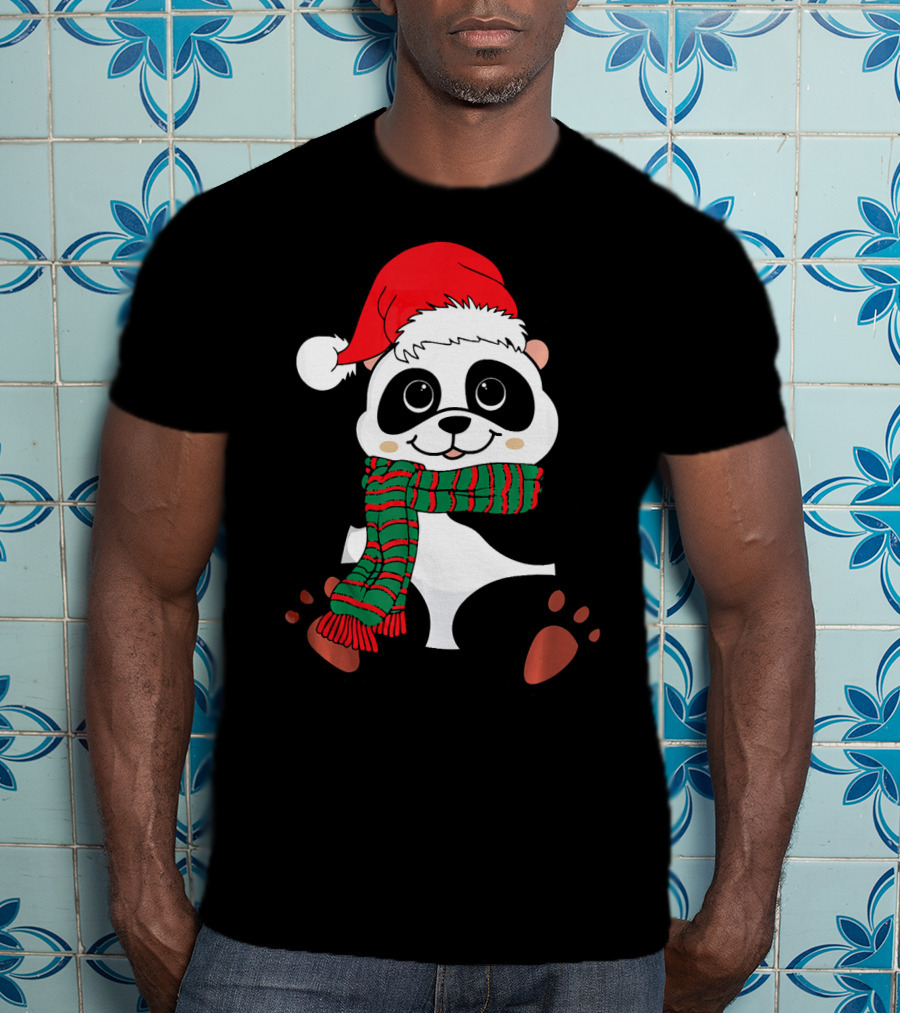 Christmas Panda In Santa Hat And Scarf Winter Vacation T-Shirt