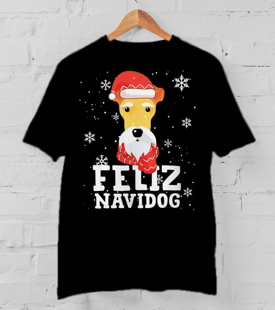 Feliz Navidog Fox Terrier Wire Dog Santa Hat Snowflakes T-Shirt