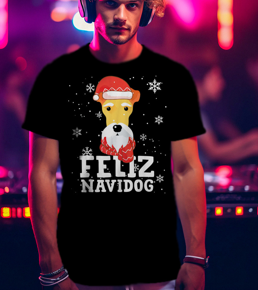 Feliz Navidog Fox Terrier Wire Dog Santa Hat Snowflakes T-Shirt