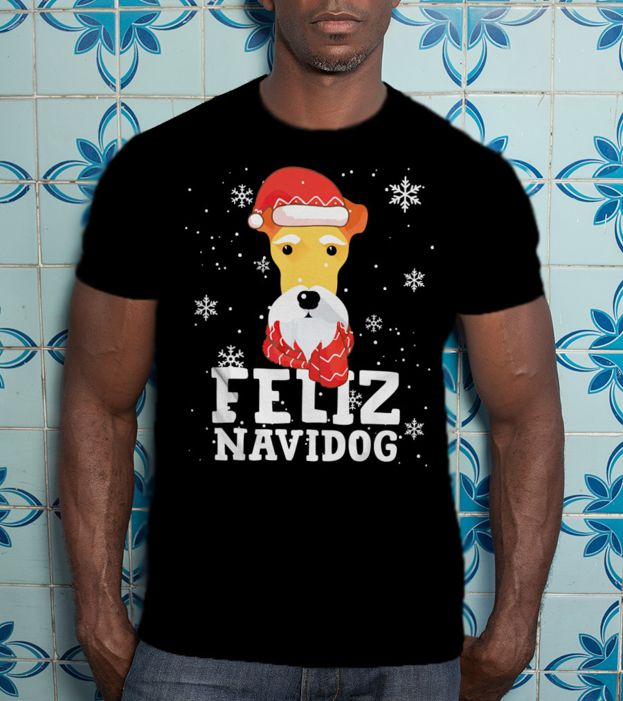 Feliz Navidog Fox Terrier Wire Dog Santa Hat Snowflakes T-Shirt