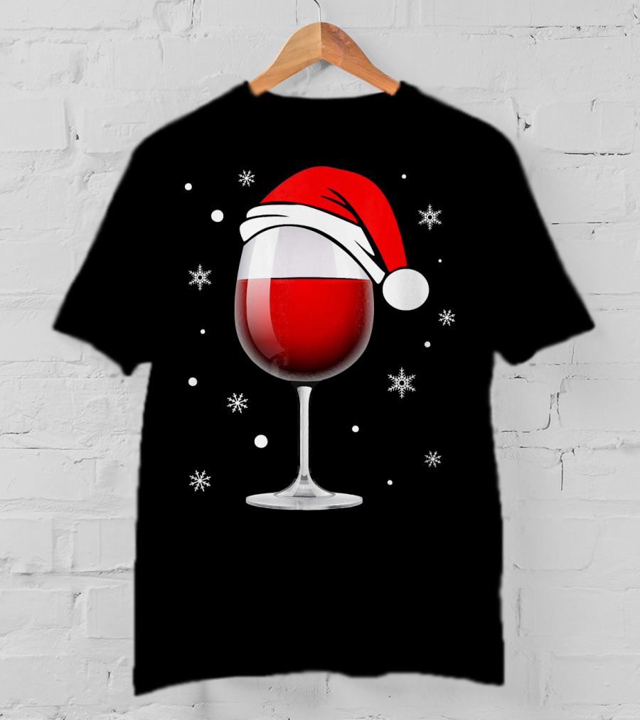 Santa Hat Wine Glass Funny Christmas Holid Snowflakes T-Shirt