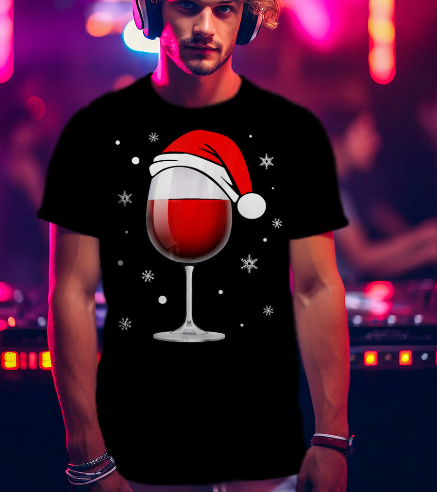Santa Hat Wine Glass Funny Christmas Holid Snowflakes T-Shirt