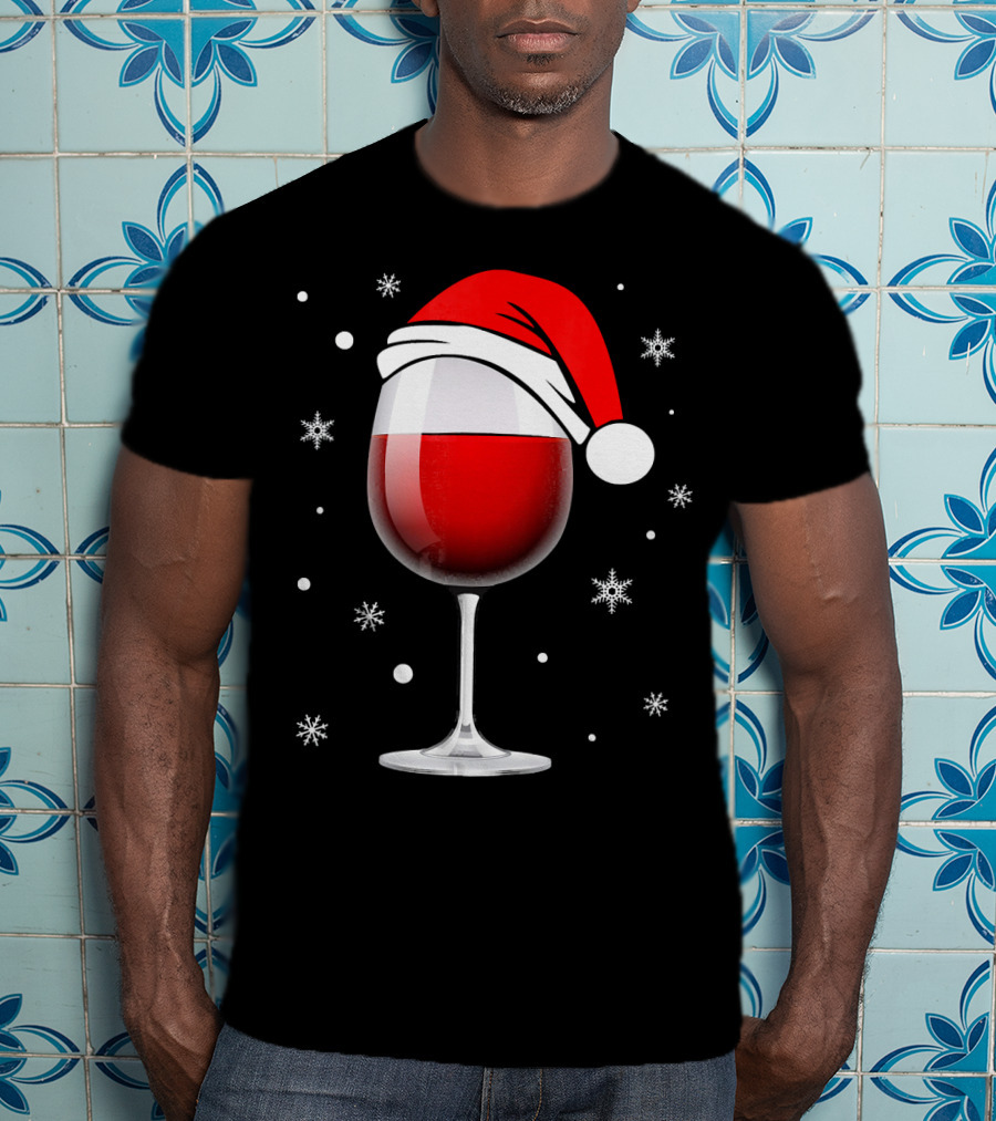 Santa Hat Wine Glass Funny Christmas Holid Snowflakes T-Shirt