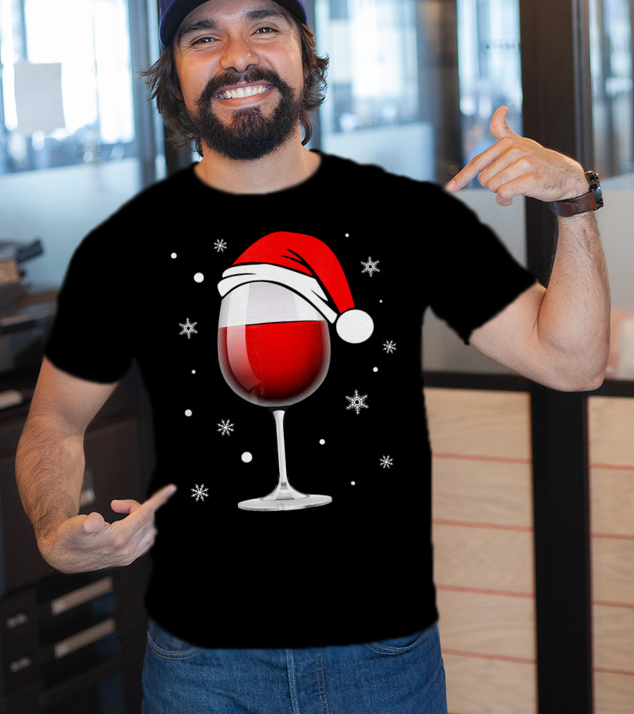 Santa Hat Wine Glass Funny Christmas Holid Snowflakes T-Shirt
