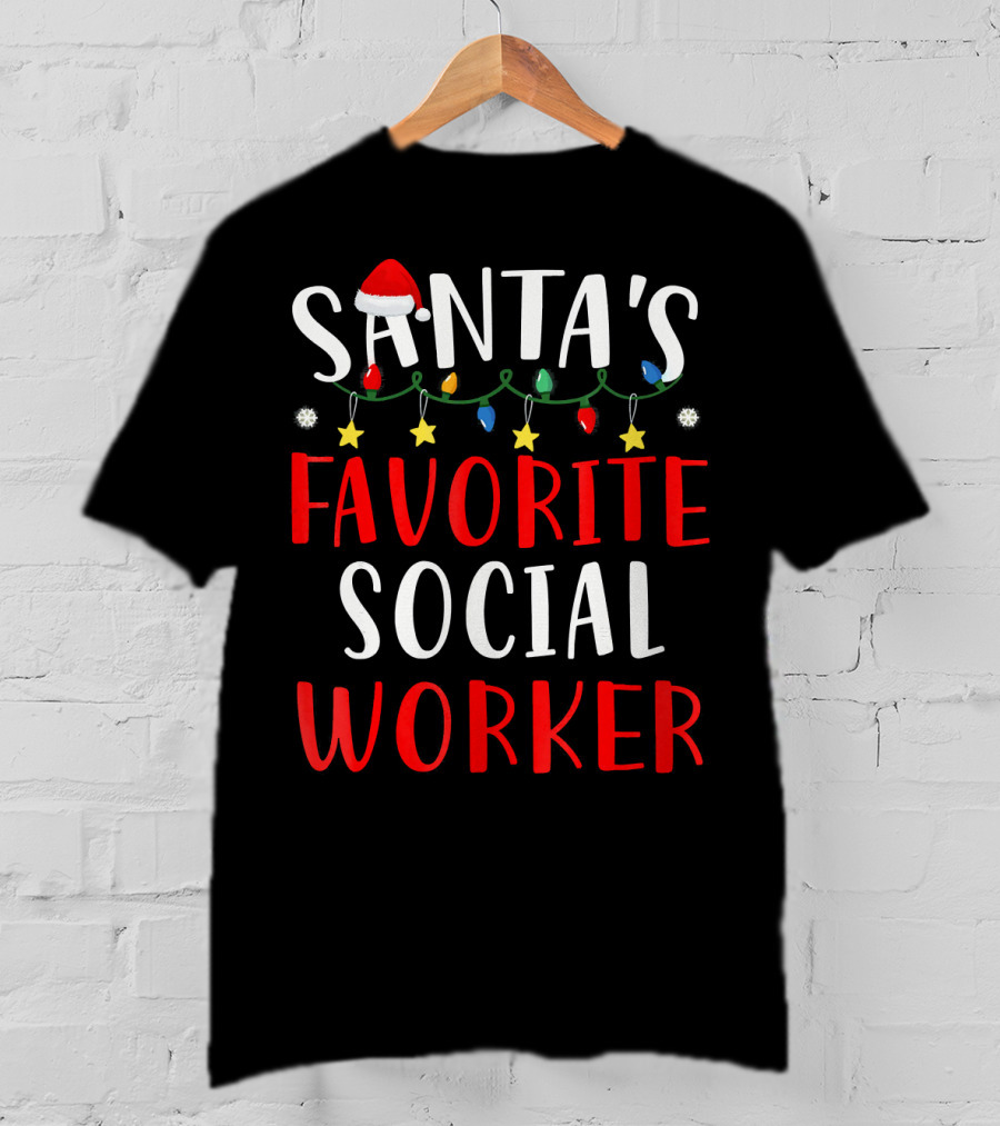 Santa's Favorite Social Worker Christmas Lights Festive Snowflakes Stars T-Shirt