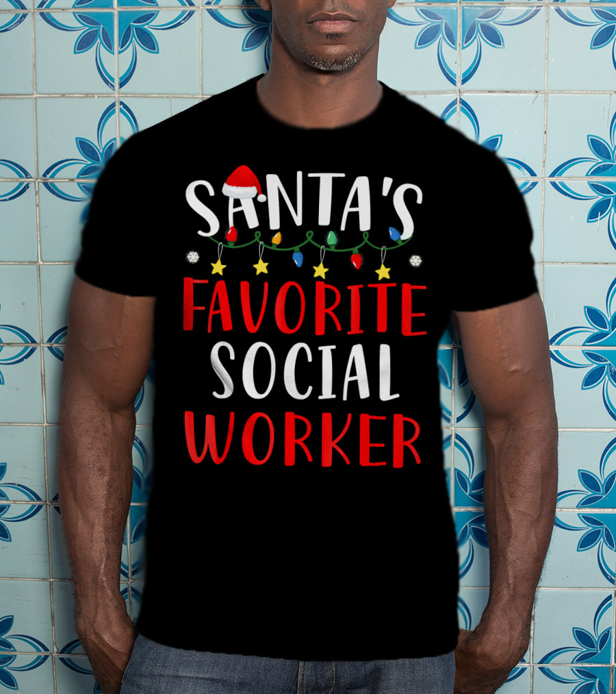 Santa's Favorite Social Worker Christmas Lights Festive Snowflakes Stars T-Shirt