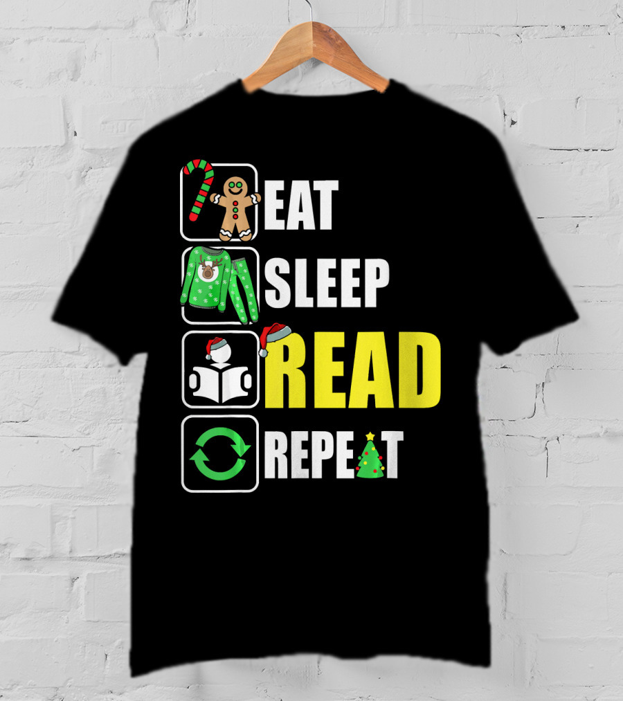 Eat Sleep Read Repeat Christmas Gingerbread Candy Cane Sweater Book Tree T-Shirt