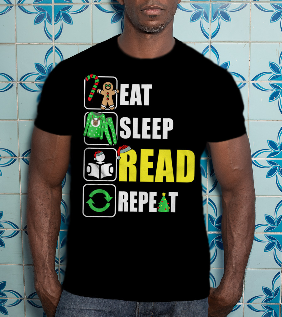 Eat Sleep Read Repeat Christmas Gingerbread Candy Cane Sweater Book Tree T-Shirt