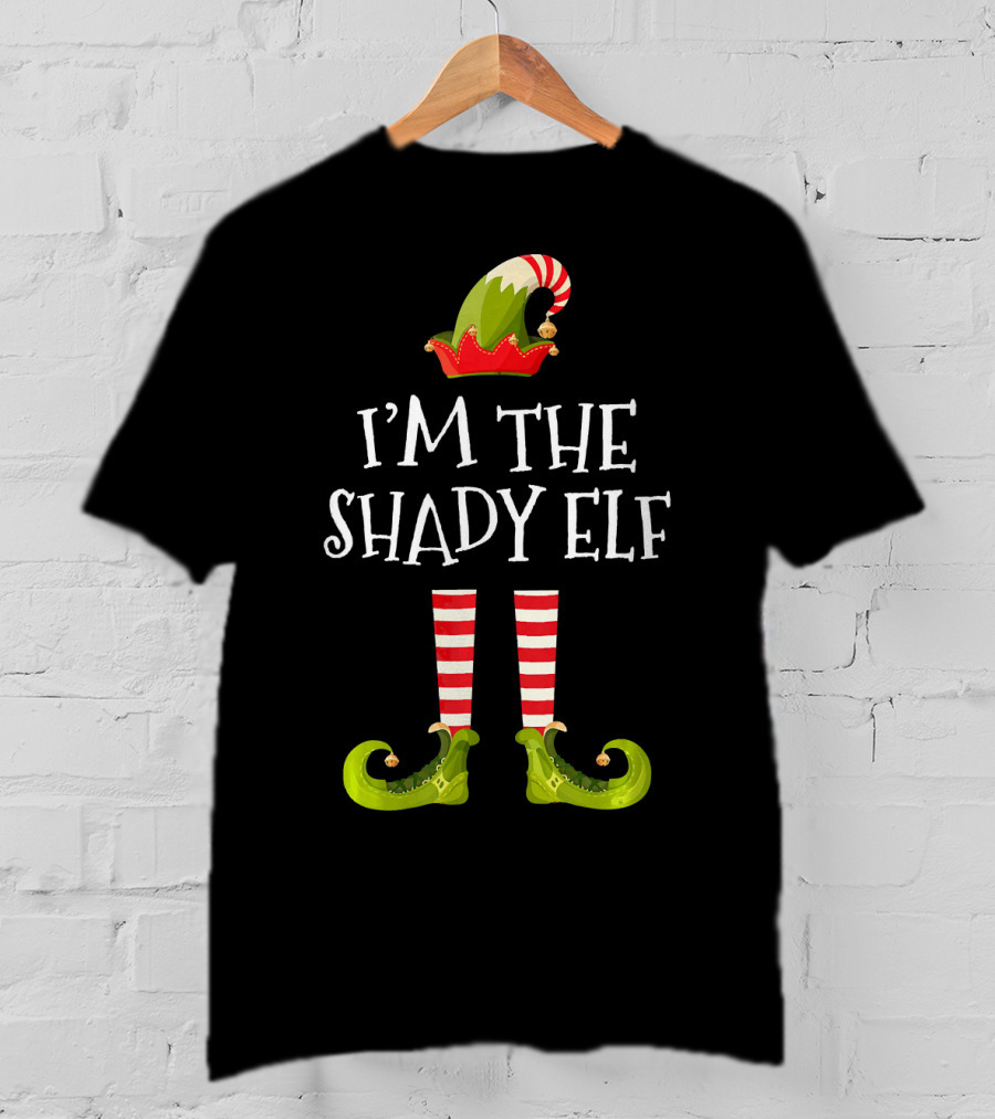 I'm The Shady Elf Christmas Costume Striped Socks Festive Hat Green Shoes T-Shirt