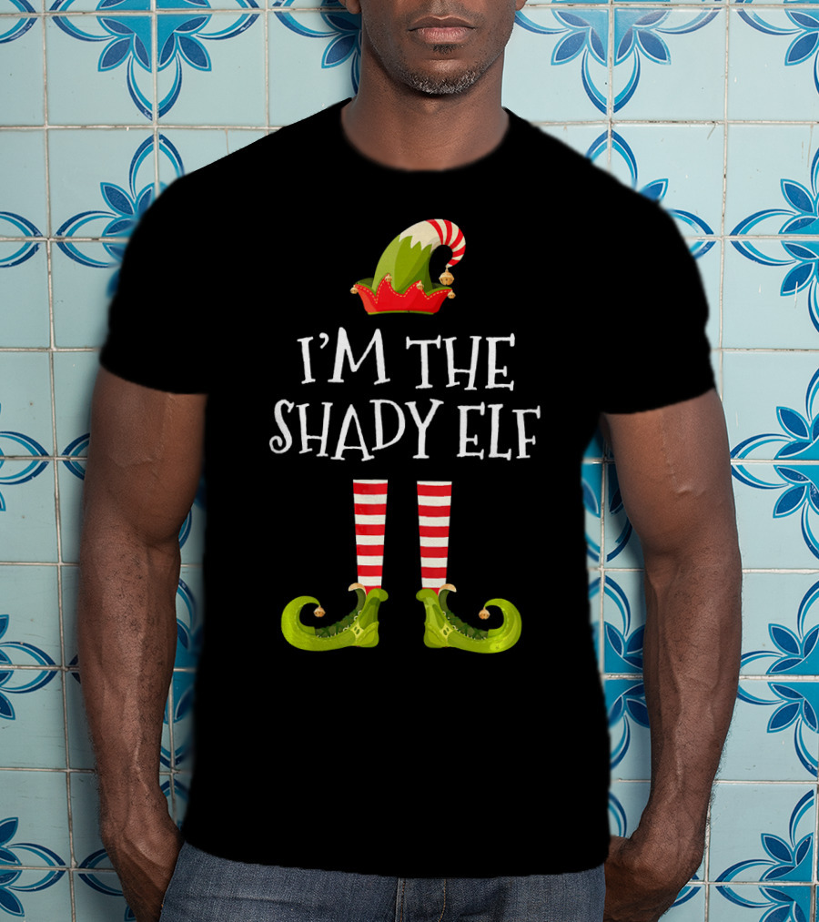 I'm The Shady Elf Christmas Costume Striped Socks Festive Hat Green Shoes T-Shirt