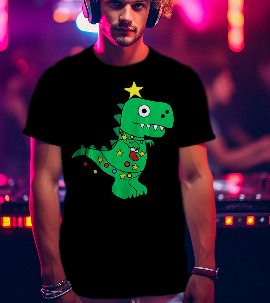 Christmas Dinosaur Rex With Star And Lights T-Shirt