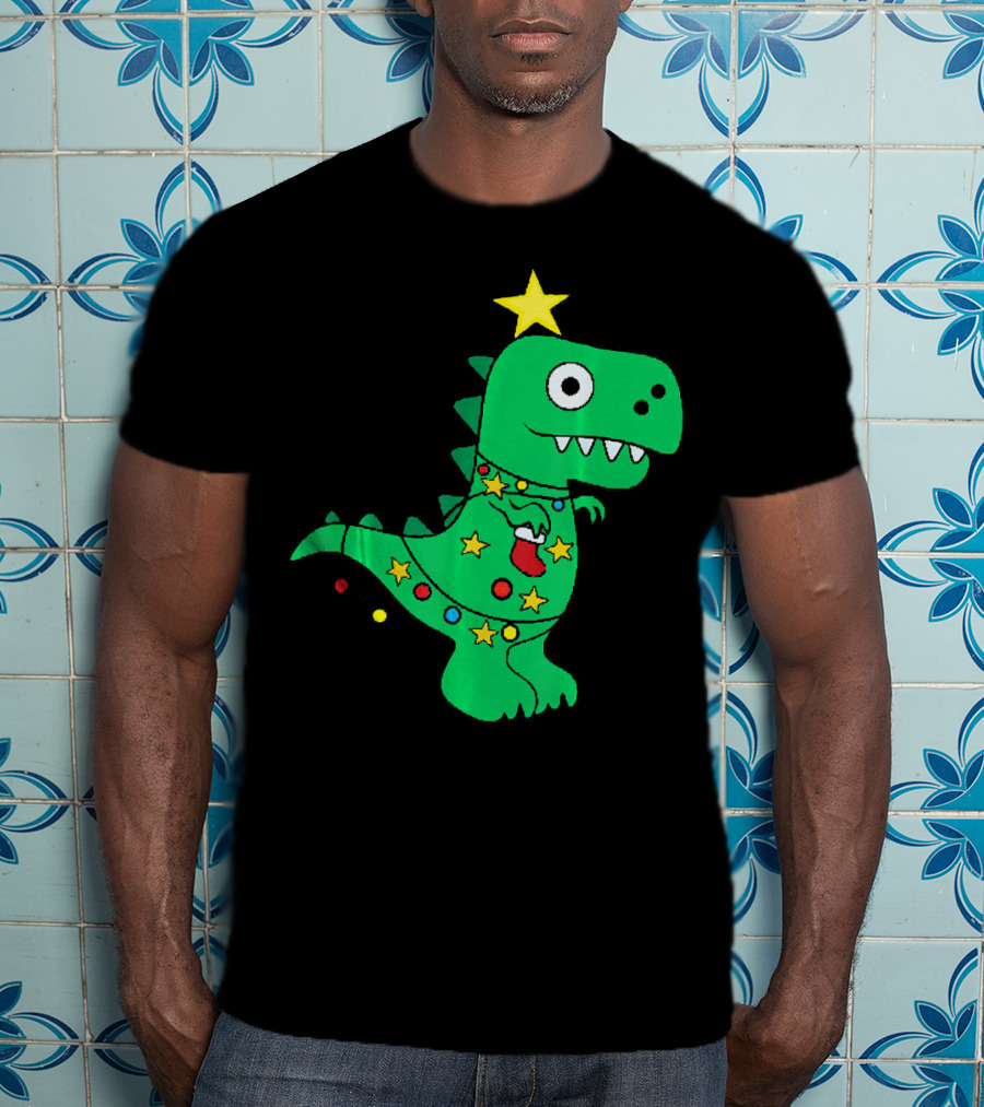 Christmas Dinosaur Rex With Star And Lights T-Shirt