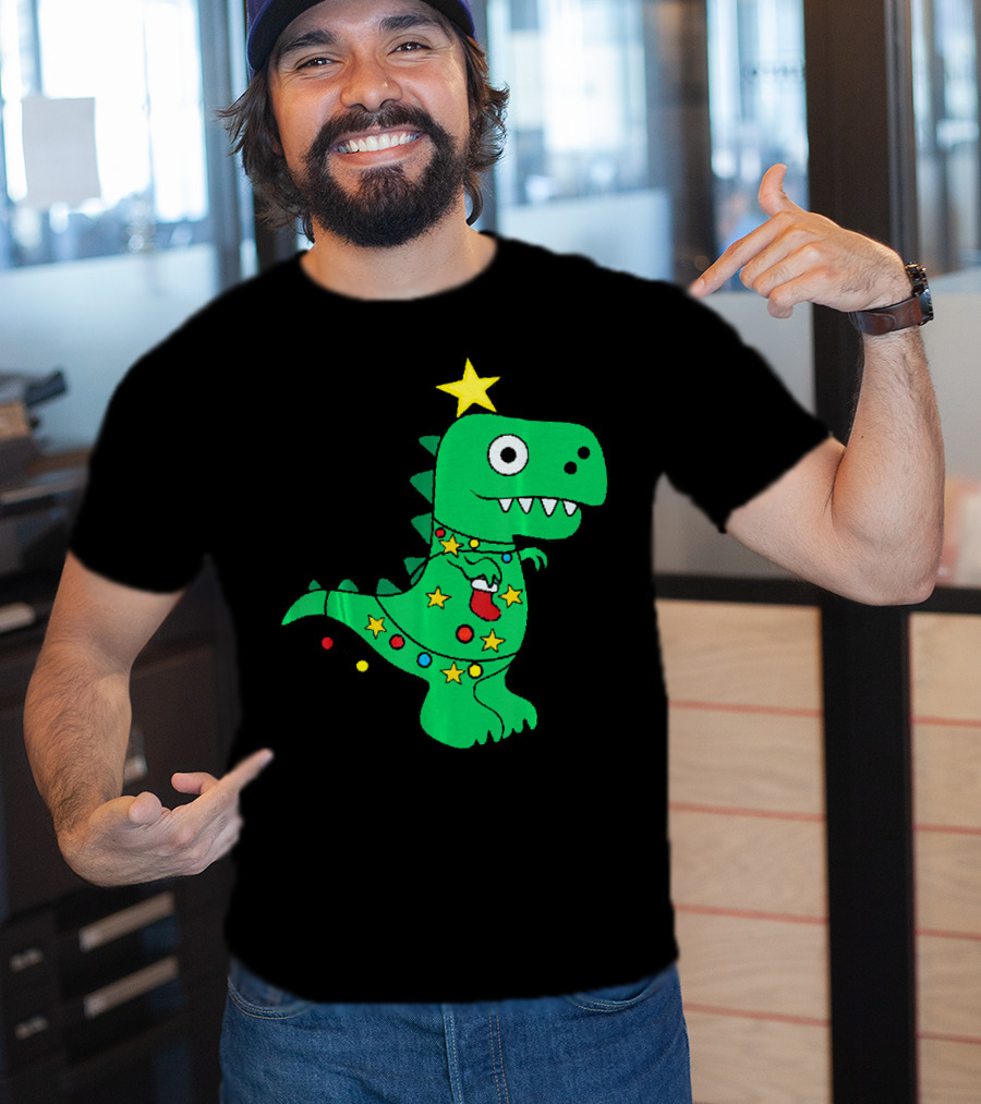 Christmas Dinosaur Rex With Star And Lights T-Shirt
