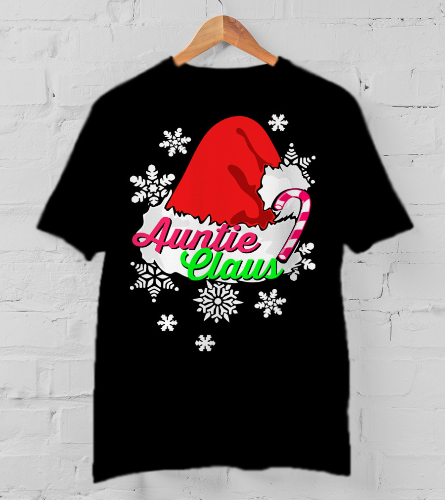 Auntie Claus Christmas Candy Cane Snowflakes Santa Hat T-Shirt