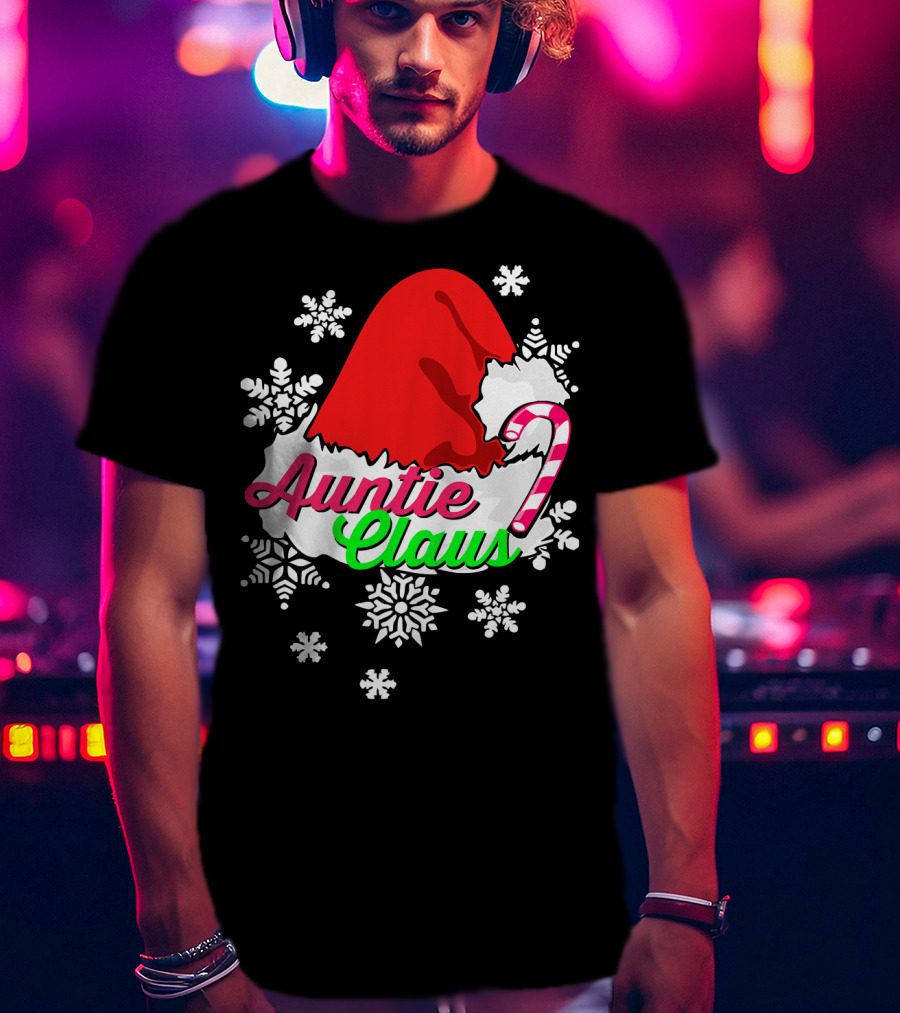 Auntie Claus Christmas Candy Cane Snowflakes Santa Hat T-Shirt