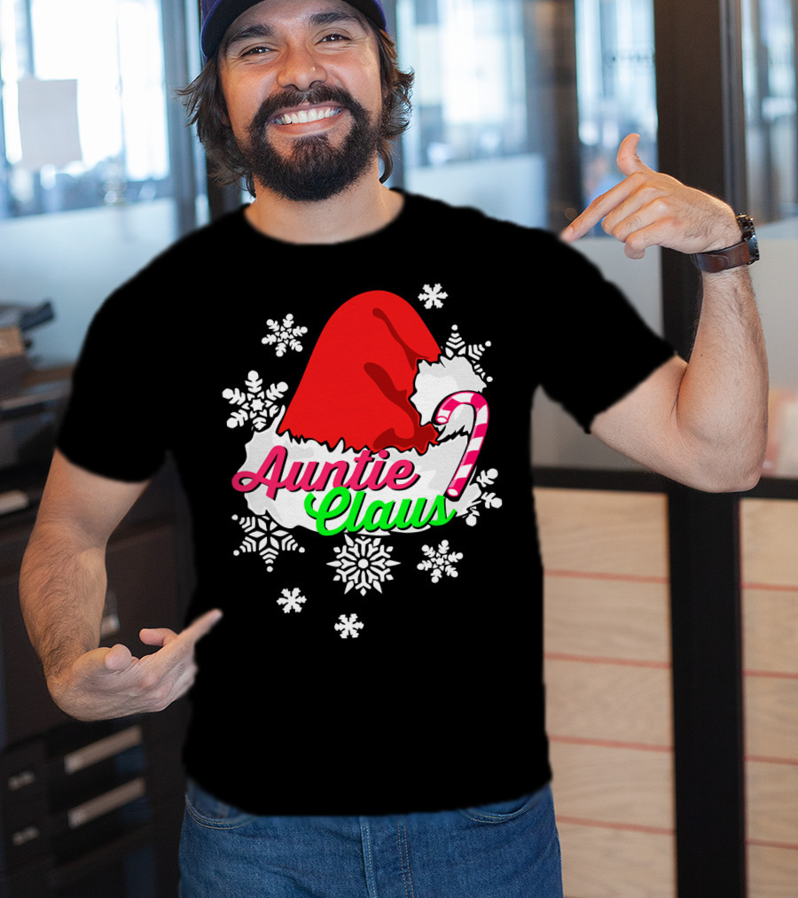 Auntie Claus Christmas Candy Cane Snowflakes Santa Hat T-Shirt