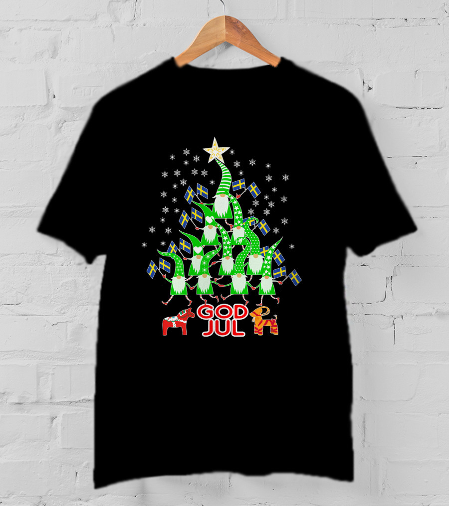 God Jul Christmas Tree Swedish Flags Tomte Nisse Dala Horse T-Shirt
