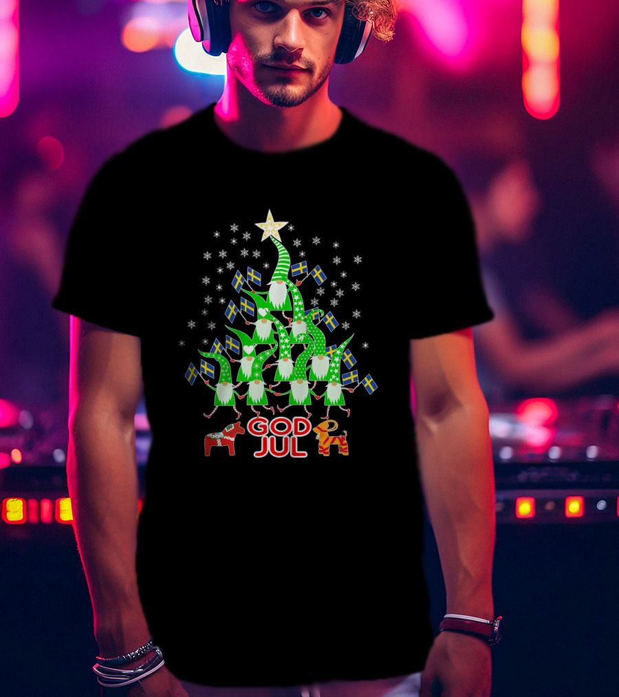 God Jul Christmas Tree Swedish Flags Tomte Nisse Dala Horse T-Shirt