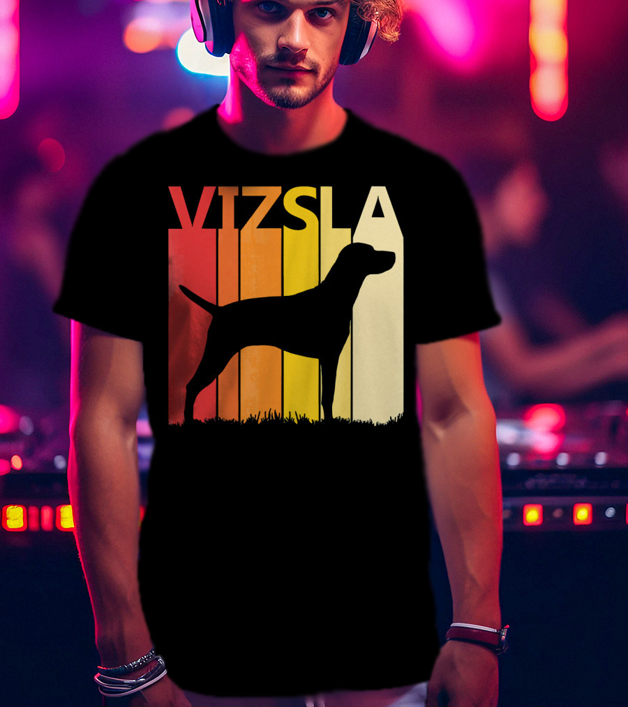 Retro Vizsla Dog Silhouette With Gradient Stripes T-Shirt