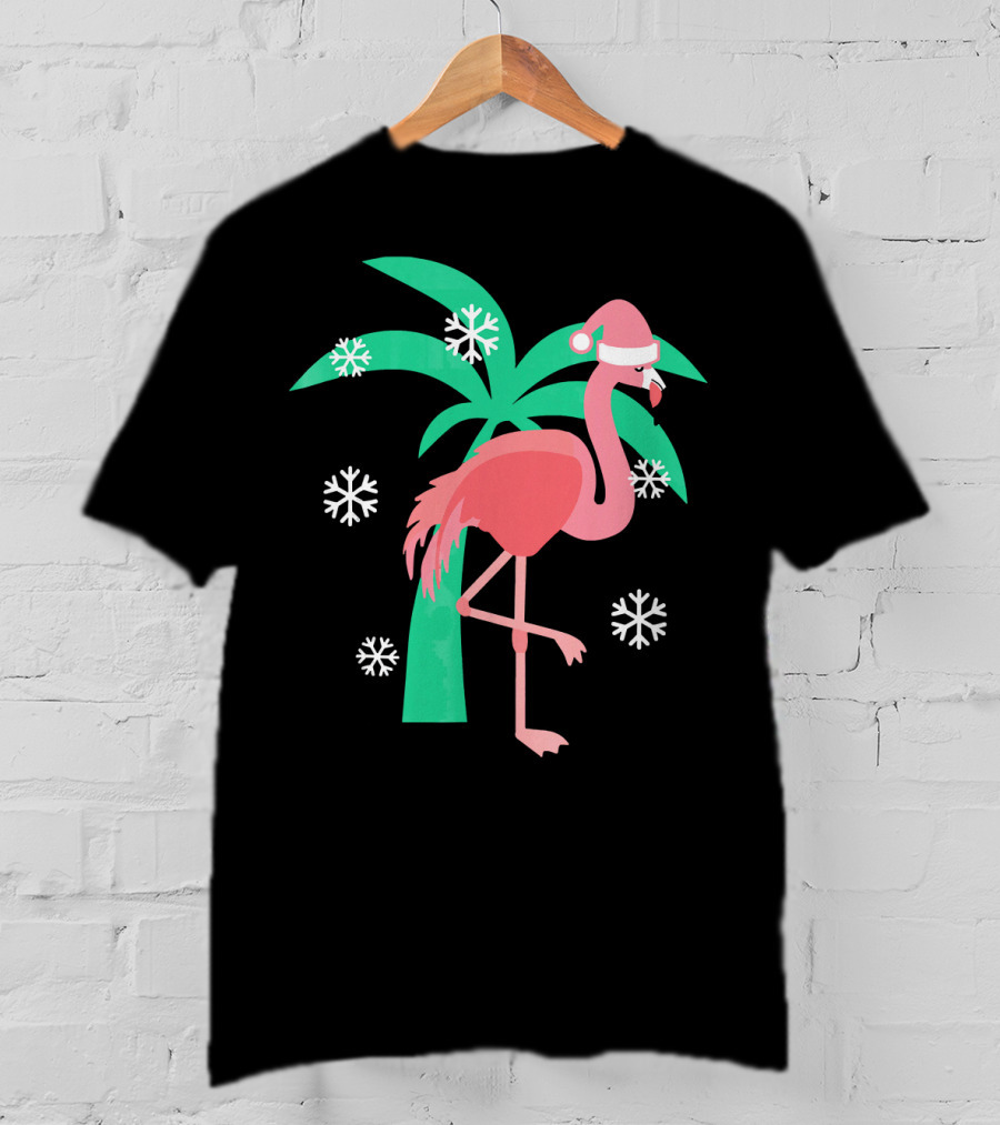 Pink Flamingo With Santa Hat And Palm Tree Snowflakes Christmas T-Shirt