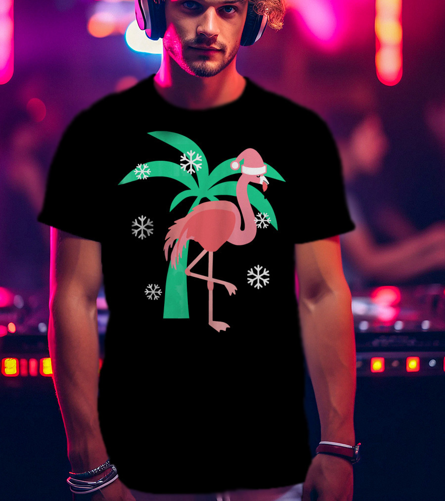 Pink Flamingo With Santa Hat And Palm Tree Snowflakes Christmas T-Shirt