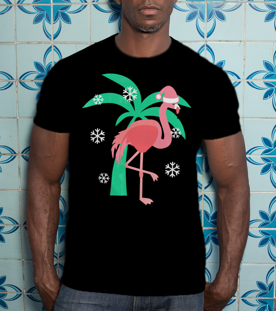 Pink Flamingo With Santa Hat And Palm Tree Snowflakes Christmas T-Shirt