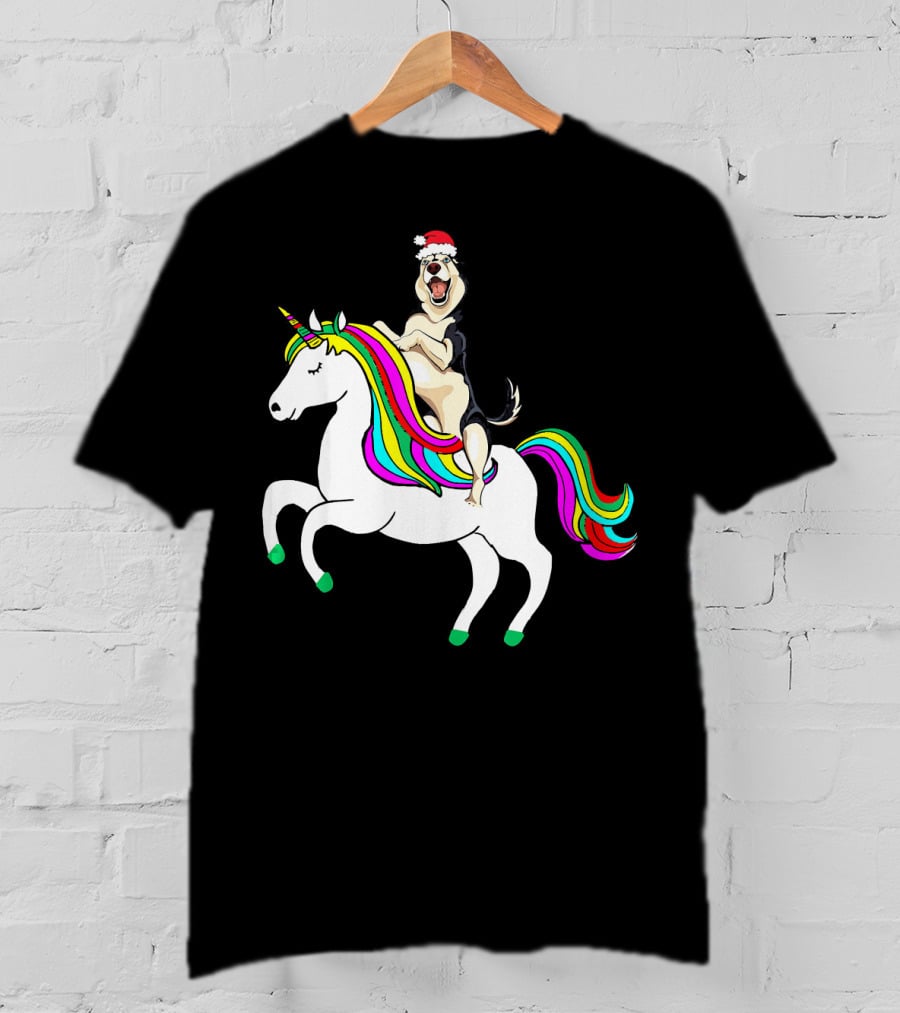 Pug Christmas Dog Riding Rainbow Unicorn T-Shirt
