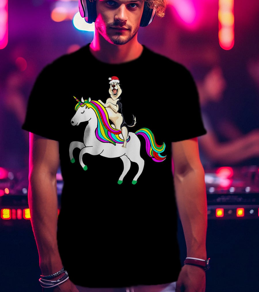 Pug Christmas Dog Riding Rainbow Unicorn T-Shirt