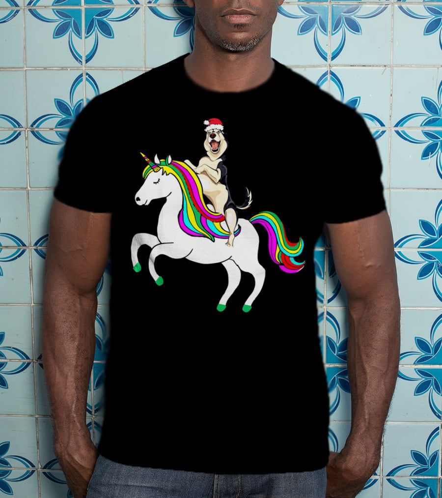 Pug Christmas Dog Riding Rainbow Unicorn T-Shirt