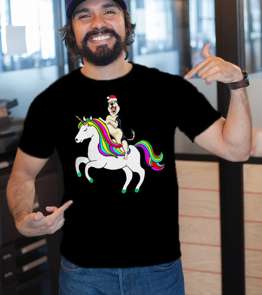 Pug Christmas Dog Riding Rainbow Unicorn T-Shirt