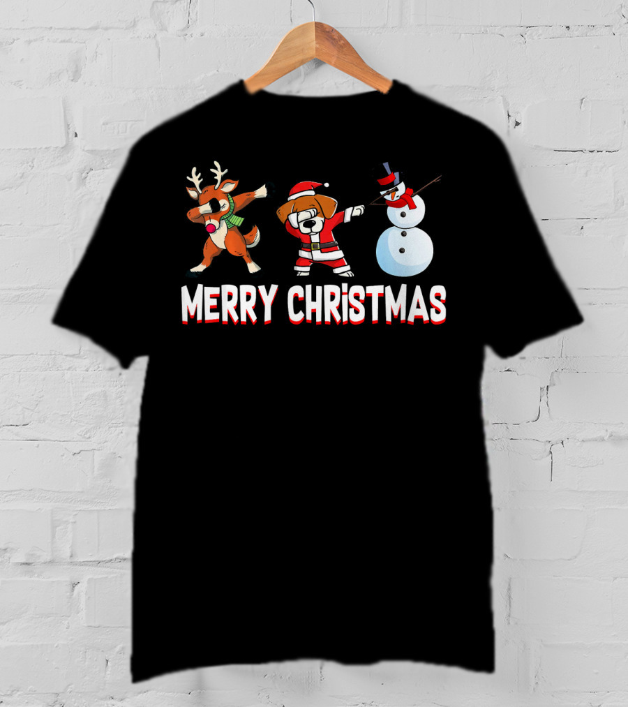 Merry Christmas Reindeer Santa Dog And Snowman T-Shirt