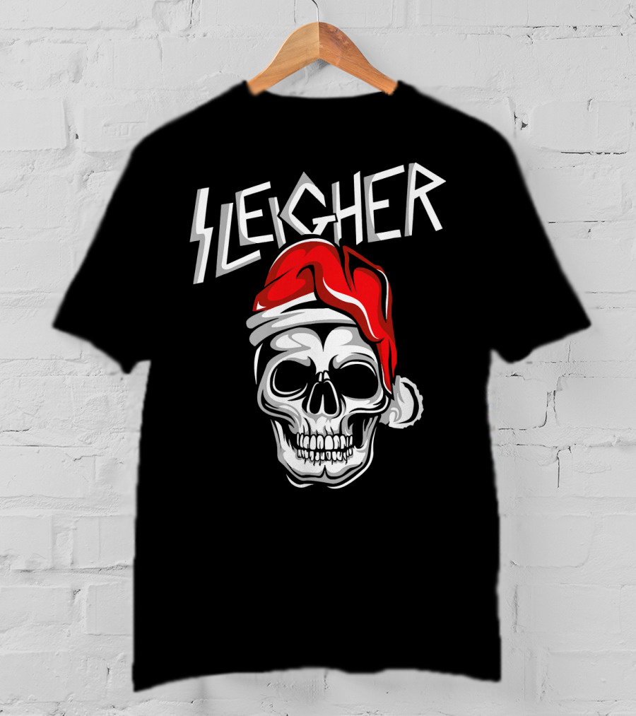 Sleigher Heavy Metal Music Skull With Santa Hat T-Shirt
