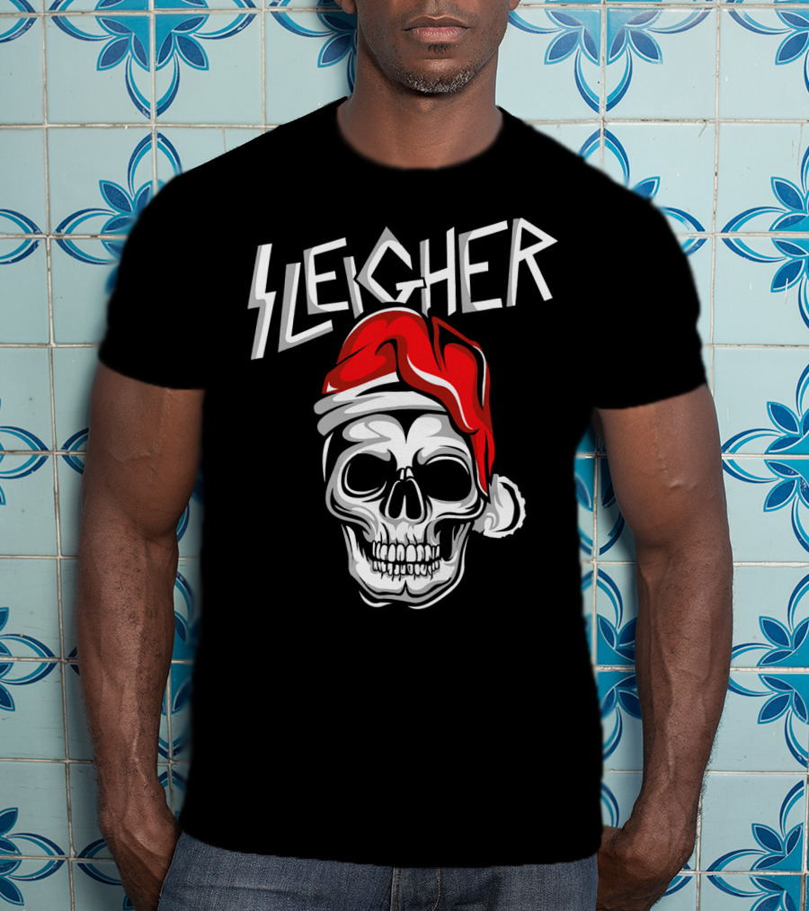 Sleigher Heavy Metal Music Skull With Santa Hat T-Shirt
