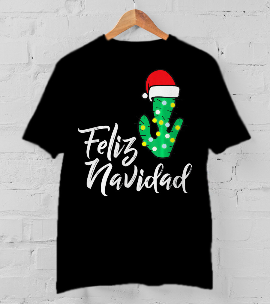Feliz Navidad Cactus With Santa Hat And Christmas Lights T-Shirt