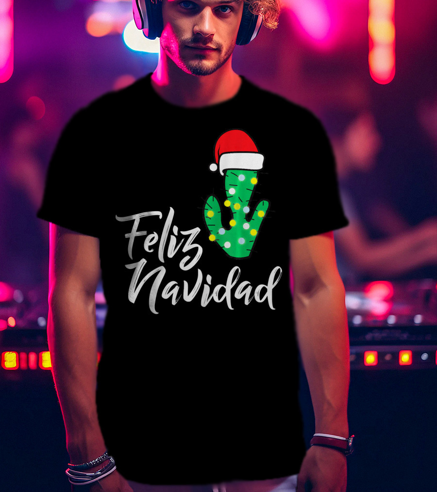 Feliz Navidad Cactus With Santa Hat And Christmas Lights T-Shirt