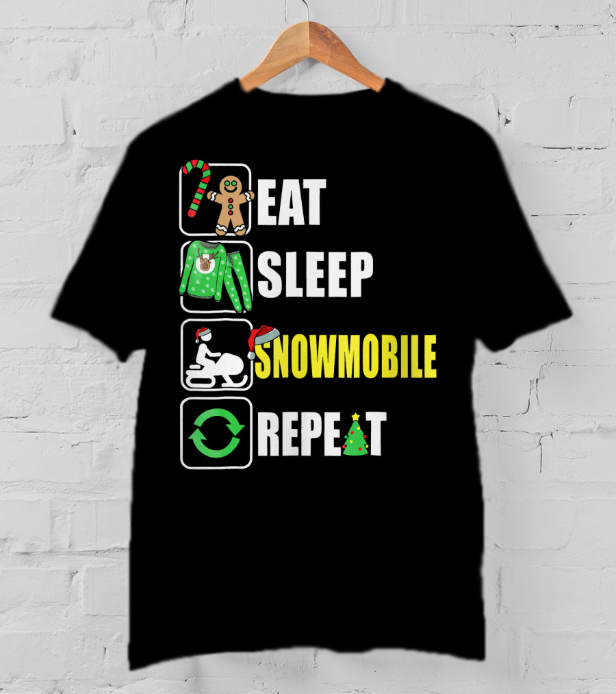 Eat Sleep Snowmobile Repeat Christmas Holiday Icons Gingerbread Sweater Candy Cane T-Shirt