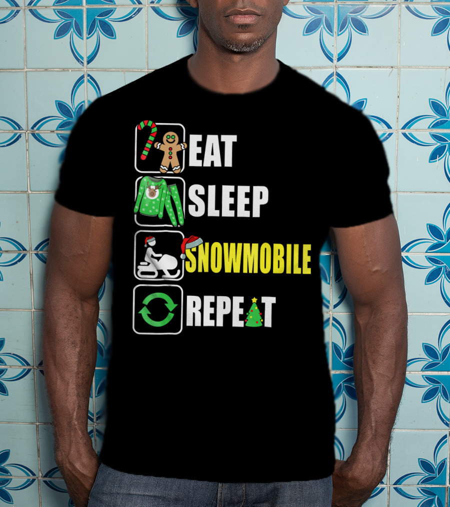 Eat Sleep Snowmobile Repeat Christmas Holiday Icons Gingerbread Sweater Candy Cane T-Shirt