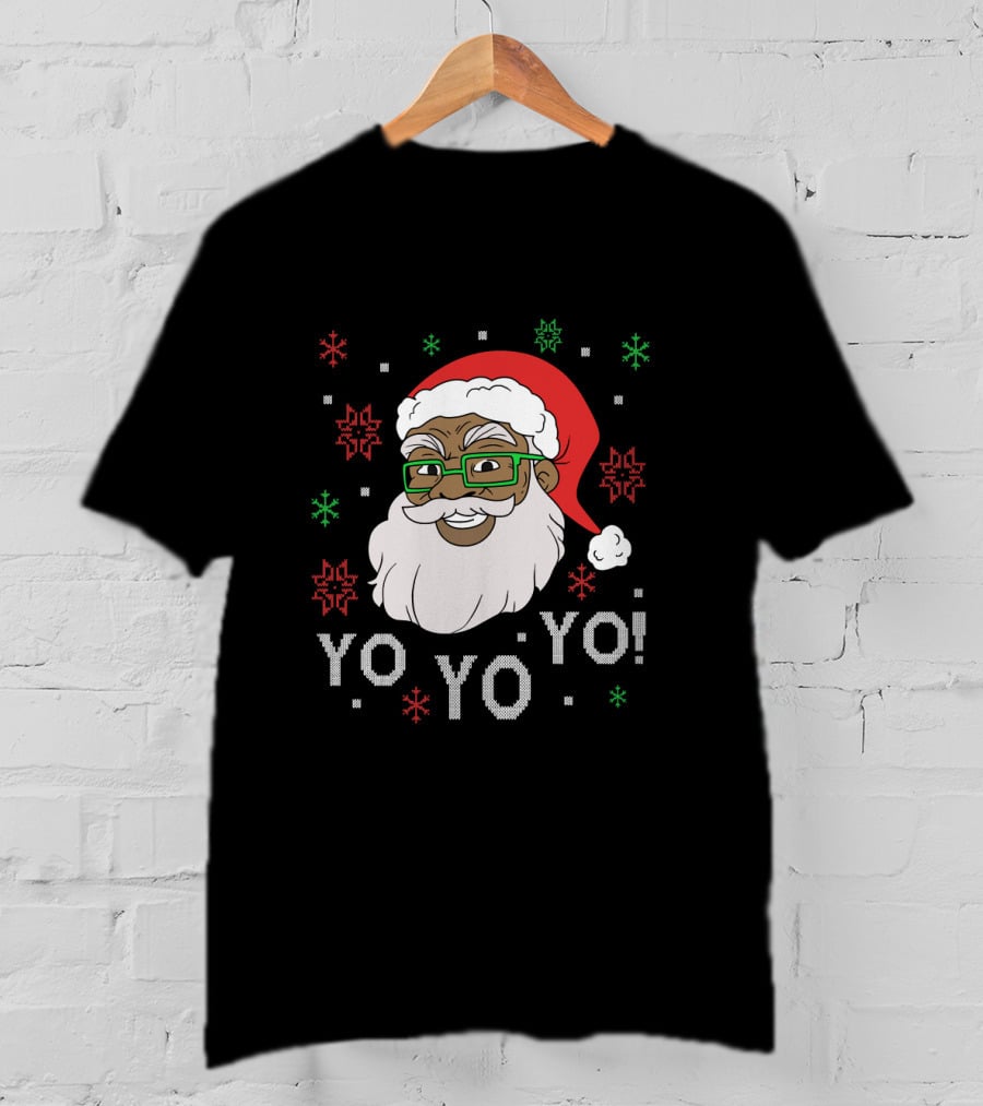 Yo Yo Yo Fun Black Santa Claus Christmas Snowflakes Glasses T-Shirt