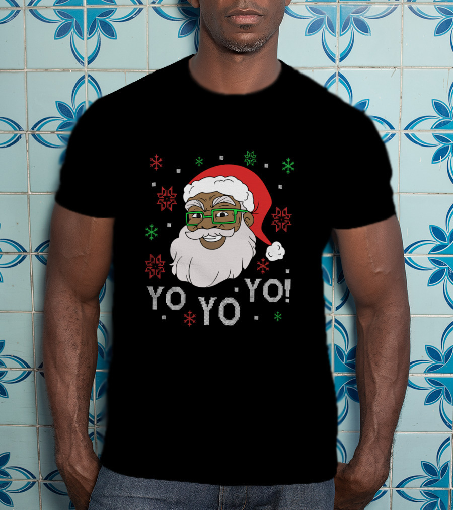 Yo Yo Yo Fun Black Santa Claus Christmas Snowflakes Glasses T-Shirt
