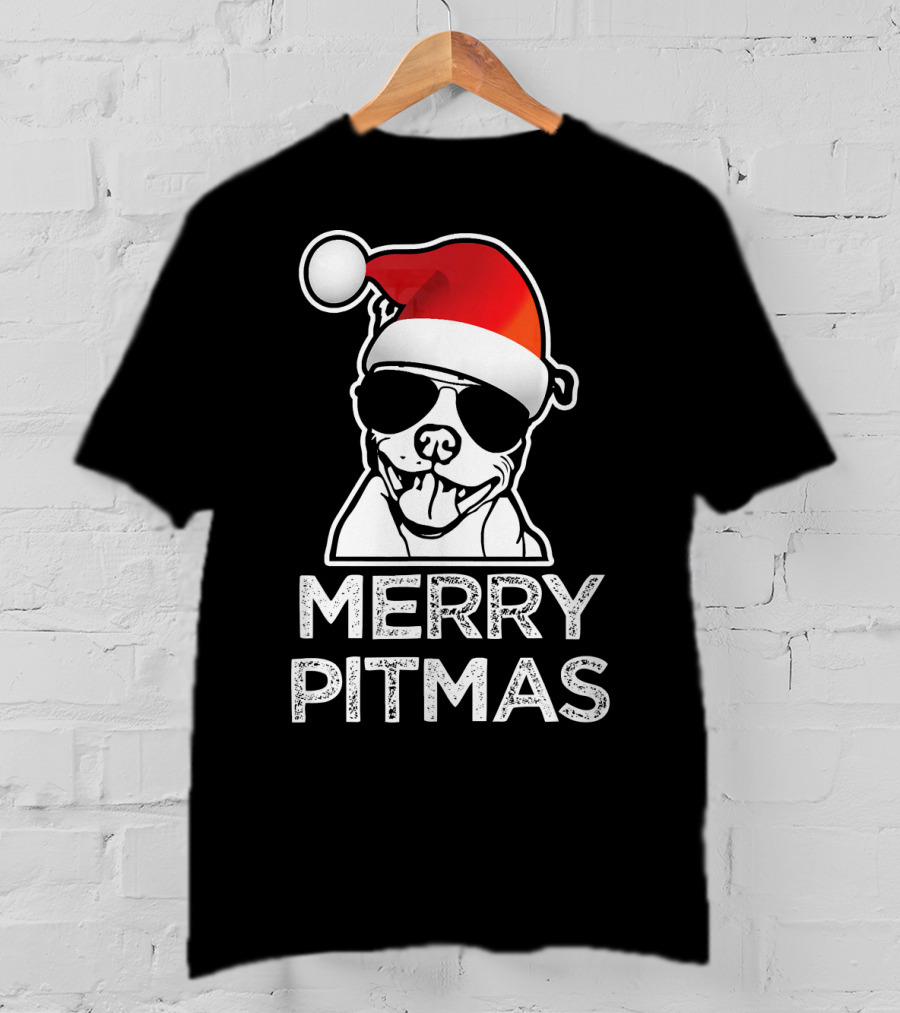 Merry Pitmas Funny Christmas Pitbull With Santa Hat And Sunglasses T-Shirt