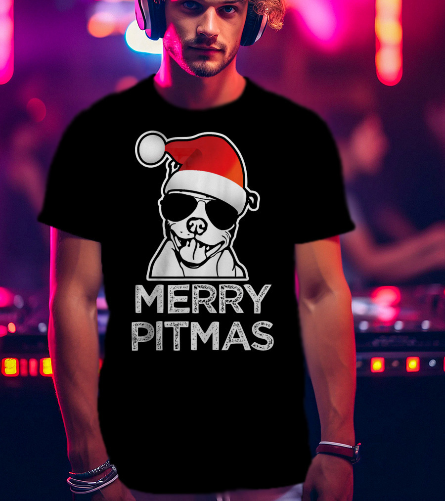 Merry Pitmas Funny Christmas Pitbull With Santa Hat And Sunglasses T-Shirt