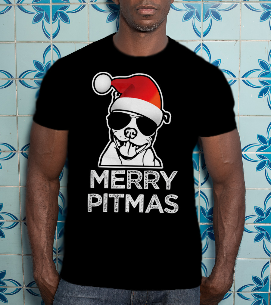 Merry Pitmas Funny Christmas Pitbull With Santa Hat And Sunglasses T-Shirt
