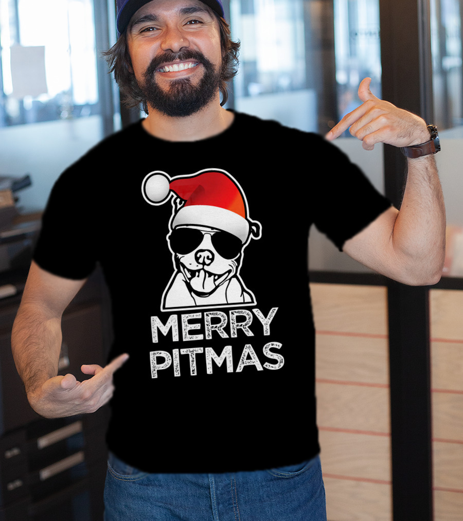 Merry Pitmas Funny Christmas Pitbull With Santa Hat And Sunglasses T-Shirt