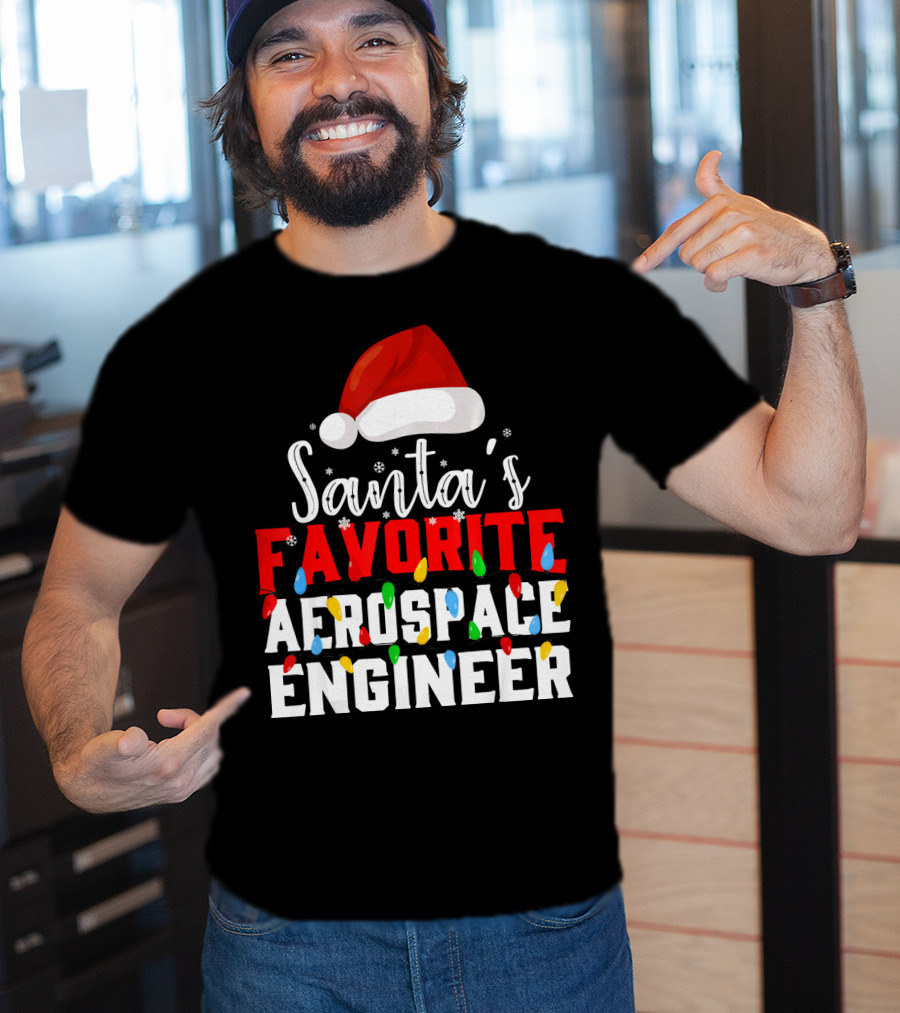 Santa's Favorite Aerospace Engineer Chris With Christmas Lights And Santa Hat T-Shirt
